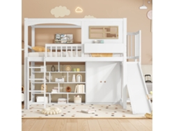 Cama alta de madera y MDF de 90x200 cm con estantes, armario y tobogán estilo blanco