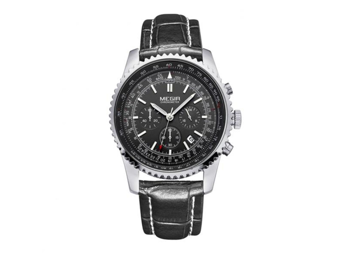 Reloj De Pulsera Analógico De Acero Para Hombres Megir Con Dial Redondo De Plata Negra