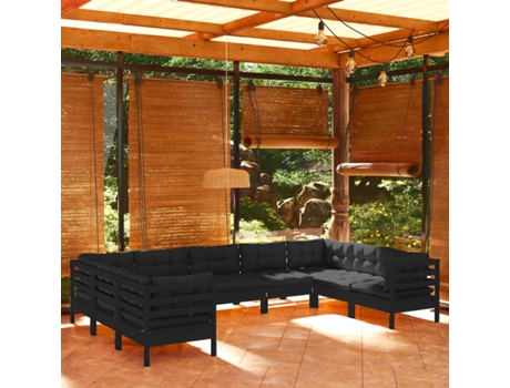 Conjunto 9 Muebles de jardín VIDAXL con cojines negro madera de pino