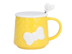 Bonita taza de cerámica de 400 ml con tapa y cuchara de acero inoxidable, regalo para parejas, amarilla | Sin marca