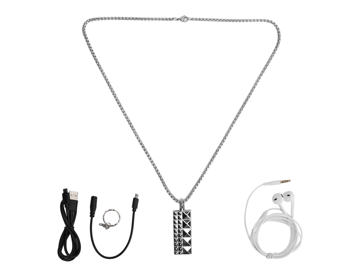 Reprodutor Mp3 Pendente Mini 32gb Gravador De Voz Com Fone De Ouvido Aço Inoxidável Prata