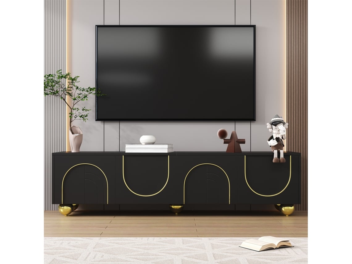 Mueble Para Tv En Negro Y Dorado, 170 X 38 X 44 Cm, 4 Puertas Texturizadas, Apertura Por Presión, Estantes Internos, Patas Redondas Doradas
