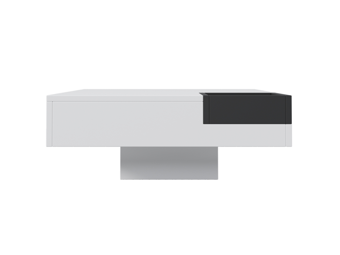 Mesa de centro cuadrada con cajón extraíble y luces LED en la base, color blanco Mobrio