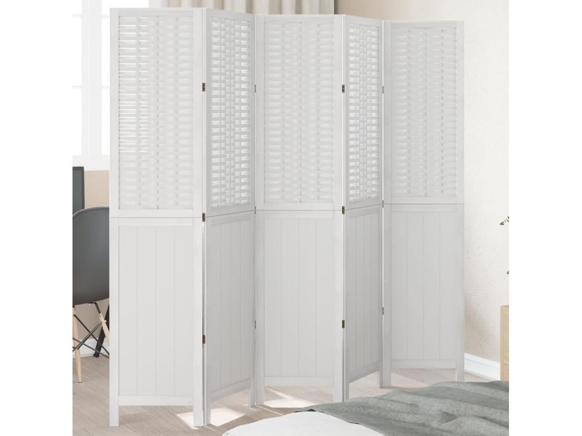 Biombo Separador De 5 Paneles Madera Maciza Paulownia Blanco