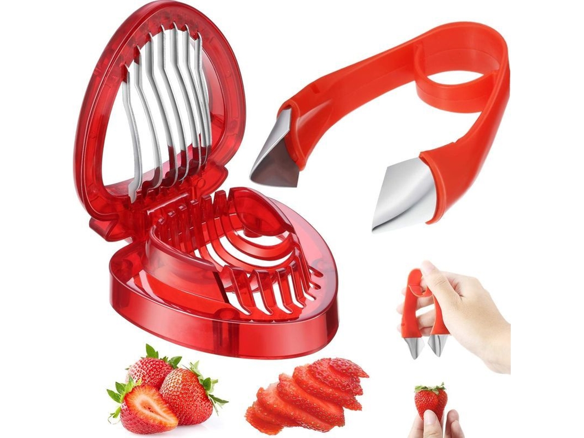 Juego de 2 utensilios para frutas (2026): pelador de tallos y cortador de frutas, acero inoxidable y plástico, para tomates, piña, queso y huevos.