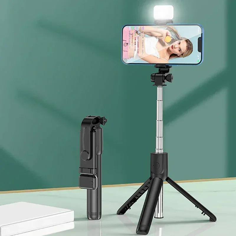 Trípode portátil (negro, con luz) con control remoto Bluetooth, 700 mm, fabricado en plástico
