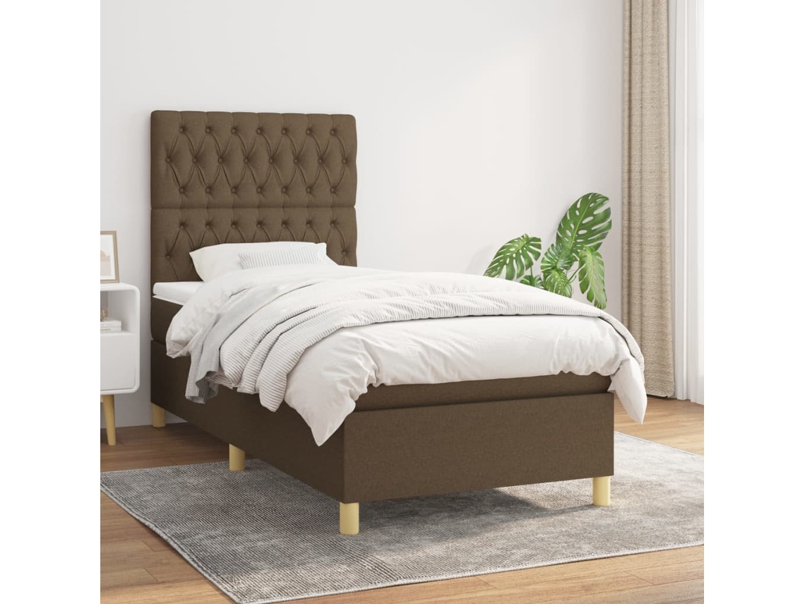 Cama Box Spring Con Colchón Tela Marrón Oscuro 100x200 Cm