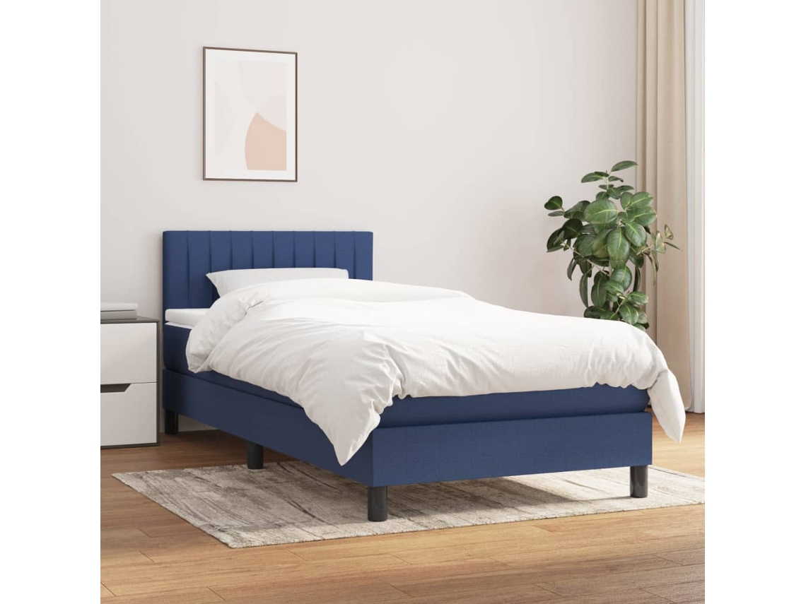 Cama Box Spring Con Colchón Tela Azul 80x200 Cm