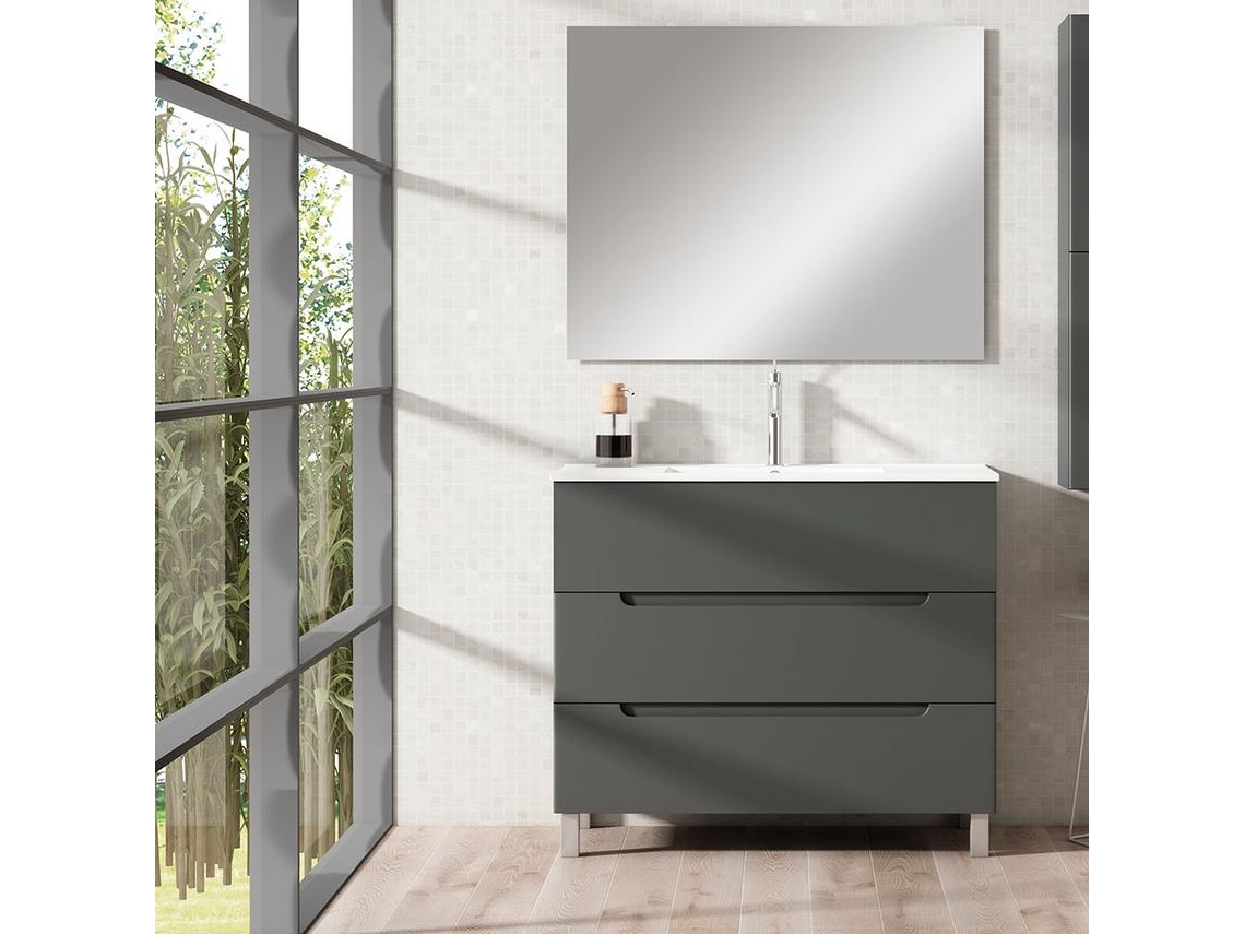 Mueble de baño con Lavabo, Espejo y Aplique LED VICTORIA 100x45 cm acabado Grafito mate 3 cajones con patas