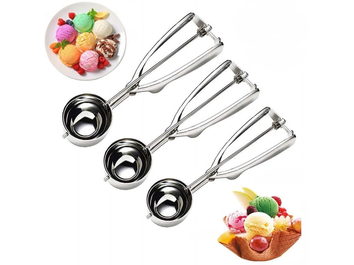 2026da-set De Cucharas Para Helado 3 Piezas Acero Inoxidable Con Gatillo Tamaño Pequeño