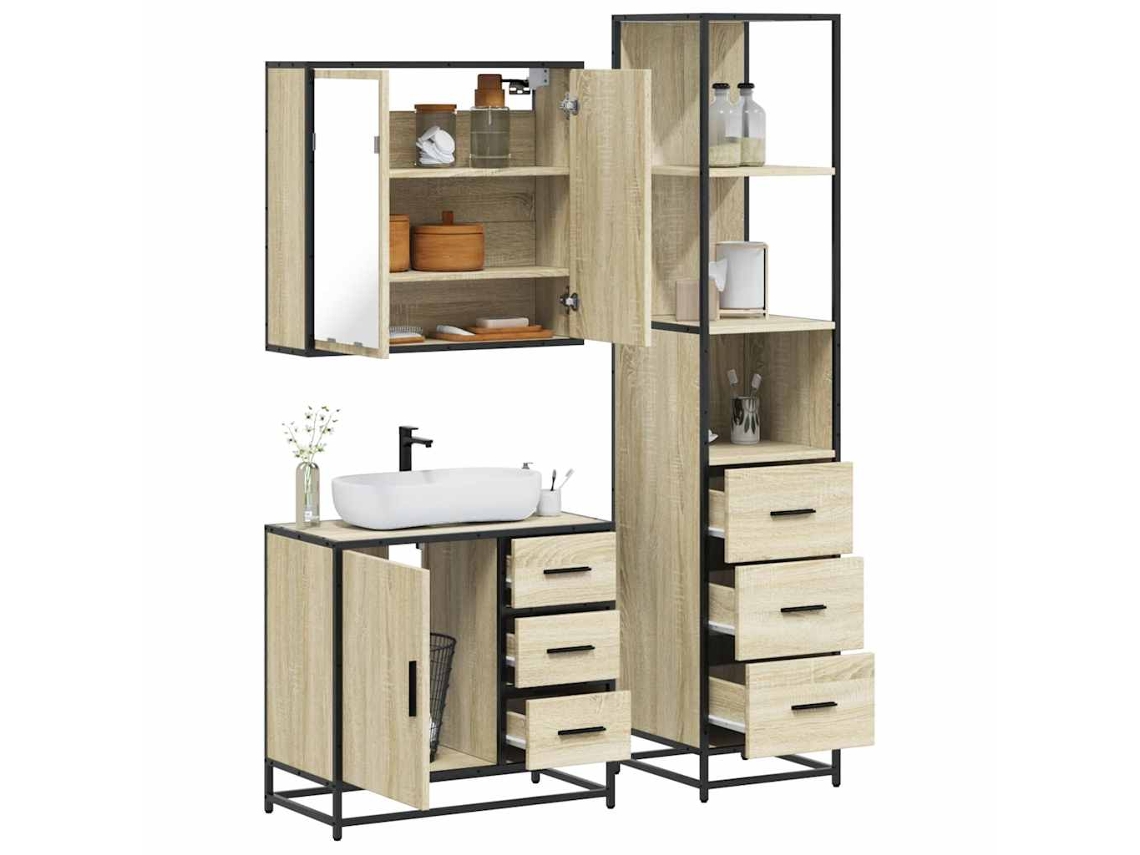 Set De Muebles De Baño 3 Uds Madera Contrachapada Roble Sonoma