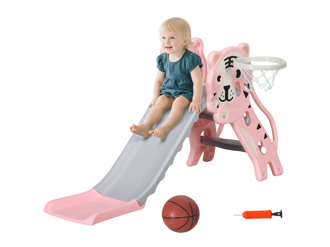 Tobogán Infantil, Tobogán Infantil De Interior, Con Aro De Baloncesto, Temática De Tigre, Para Niños De 18 A 36 Meses, Rosa.