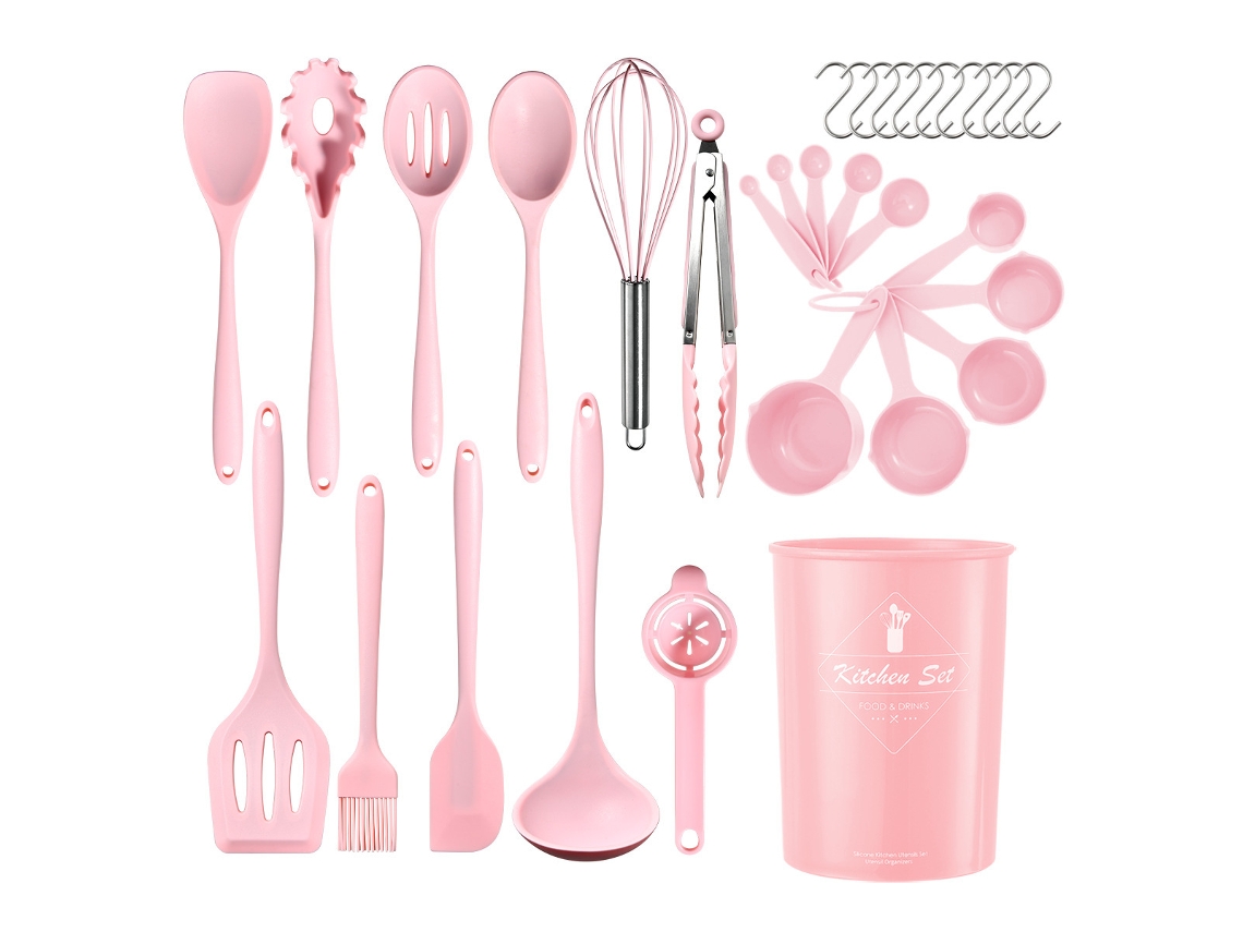 Juego de utensilios de cocina de silicona, apto para sartenes antiadherentes, 32 piezas. Rosa. Siurn (sin BPA).