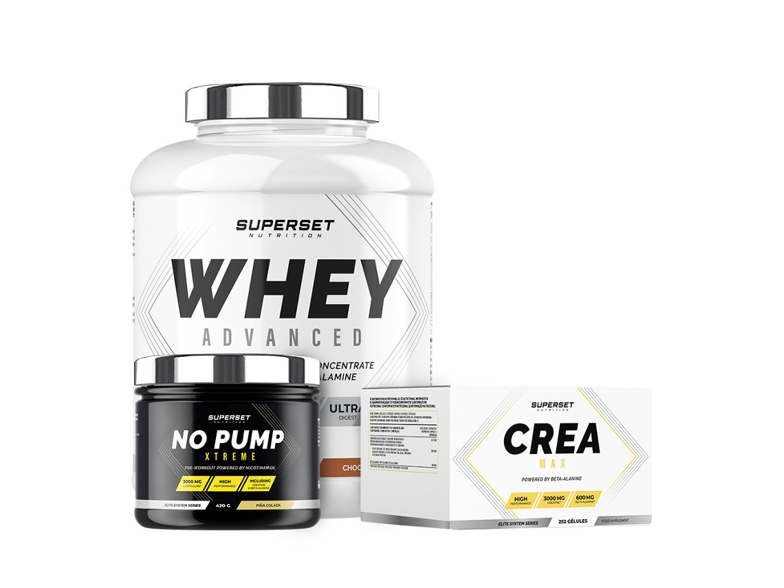 Programa de ganancia muscular en seco confirmado 100 Whey Proteine Advanced 2kg Choco Nut No Pump Xtreme Pina Colada Créa Max Superset Nutrition