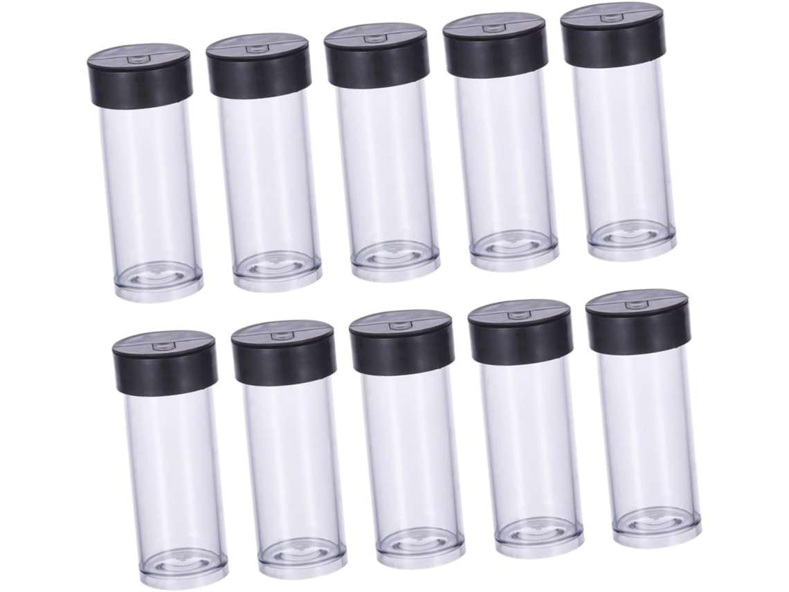 Conjunto De 40 Frascos Cilíndricos Transparentes Para Armazenamento Com Tampas Pretas.