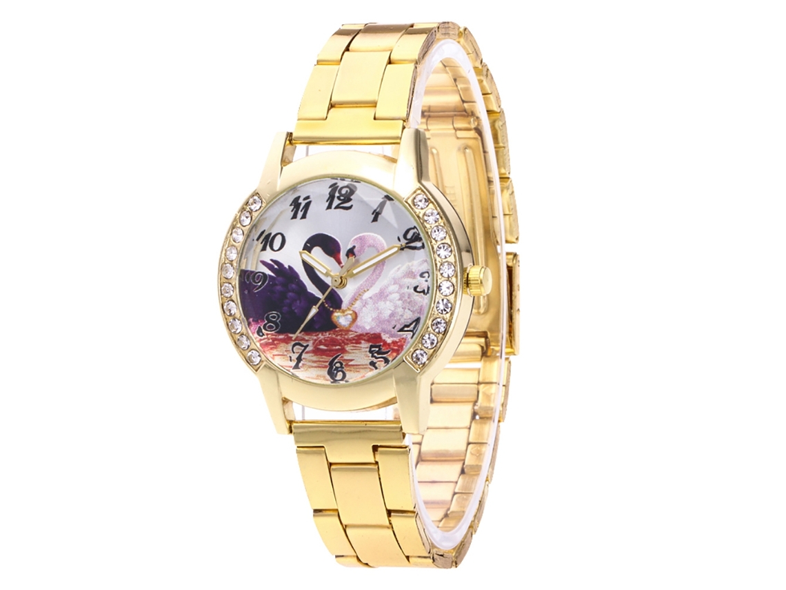 Reloj De Pulsera Unisex Zhoulianfa, Acero, Diamantes De Imitación, Cisne, Cuarzo De Lujo, Oro.