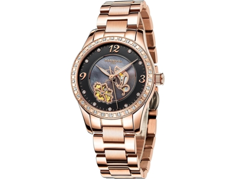 VEANXIN Reloj automático para mujer de acero inoxidable en oro rosa-Oro Rosa Negro