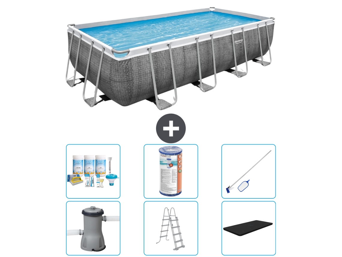 Piscina BESTWAY Rectangular Power Steel - Estampado Ratán - 488 x 244 x 122 - Incluida Bomba - Escalera - Cobertor Accesorios CB32