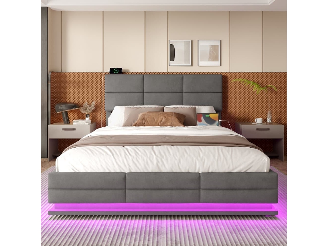 Cama Tapizada 180x200 Cm, Cabecero Ajustable, Usb/type-c, Led Ambiente, Hidráulica, Almacenaje Xxl, Gris