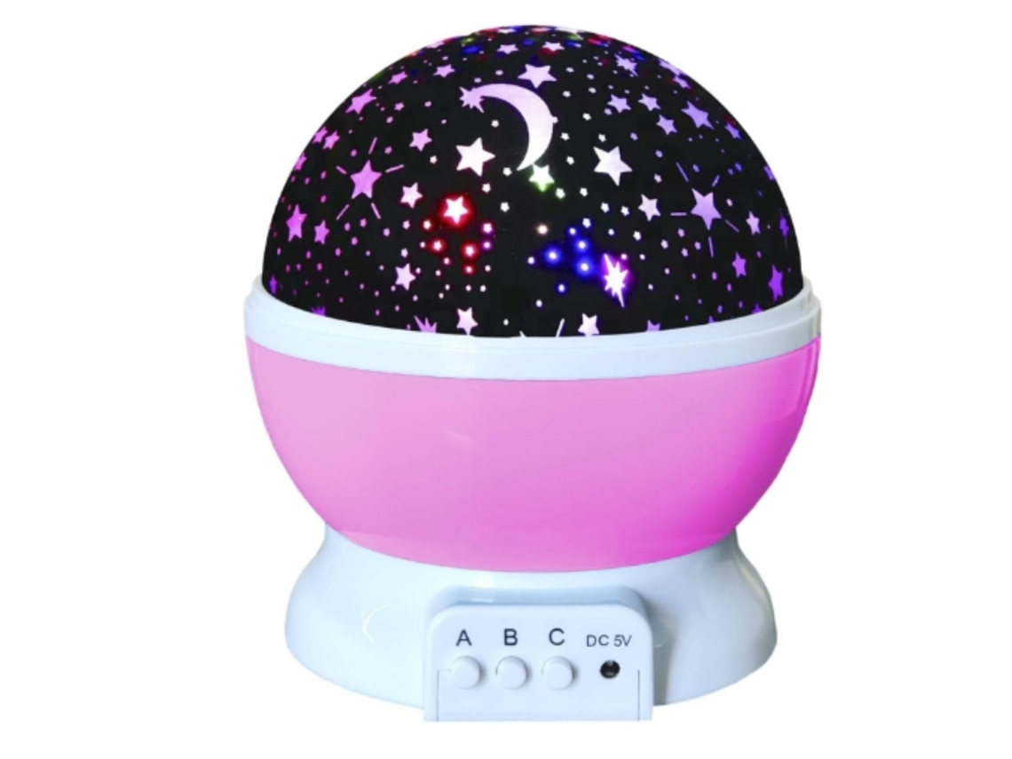 Proyector de luz nocturna estrellada con alimentación USB, rotación de 360°, luna y estrellas, 9 modos de color rosa y azul.