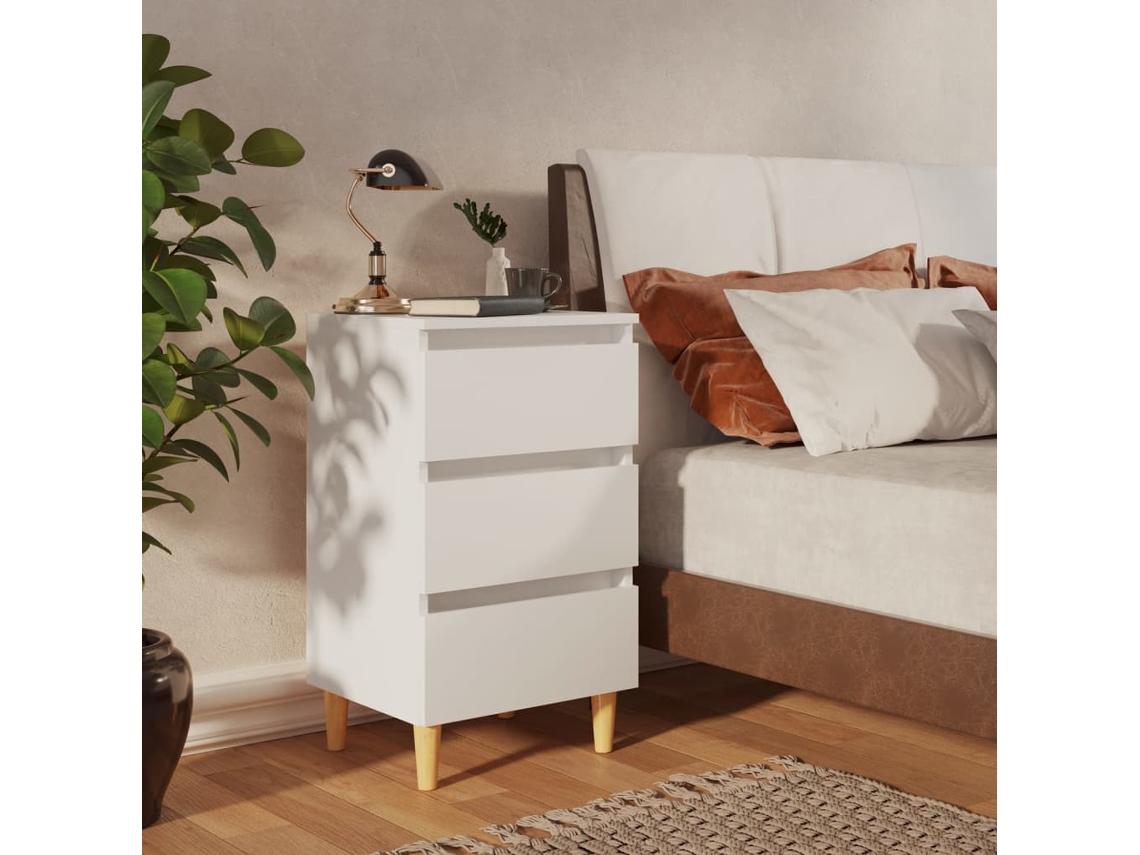 Mesita de Noche con Patas en Madera Maciza 40X35X69Cm Blanco