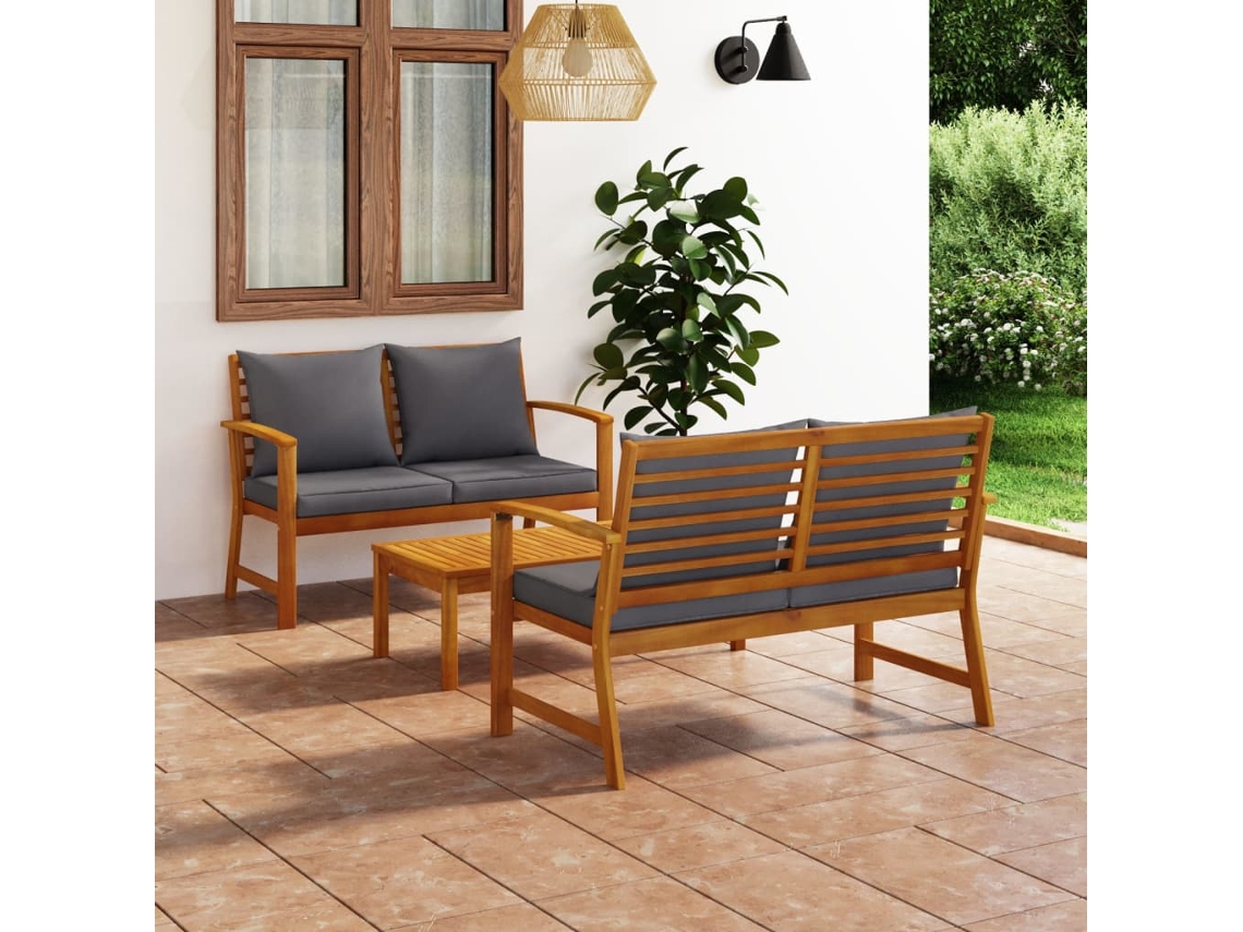 Conjunto de jardín de 3 piezas con cojines en madera maciza de acacia DKD Home Decor