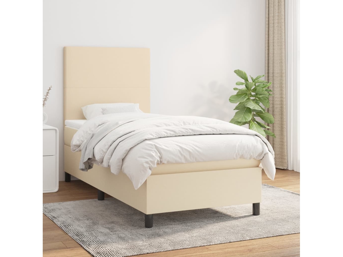 Cama Box Spring Con Colchón Tela Color Crema 90x200 Cm