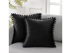 2026-funda De Almohada Decorativa De Terciopelo Suave Con Pompones 18x18 Pulgadas Para Sofá, Dormitorio Y Coche, Pack De 2, Negro