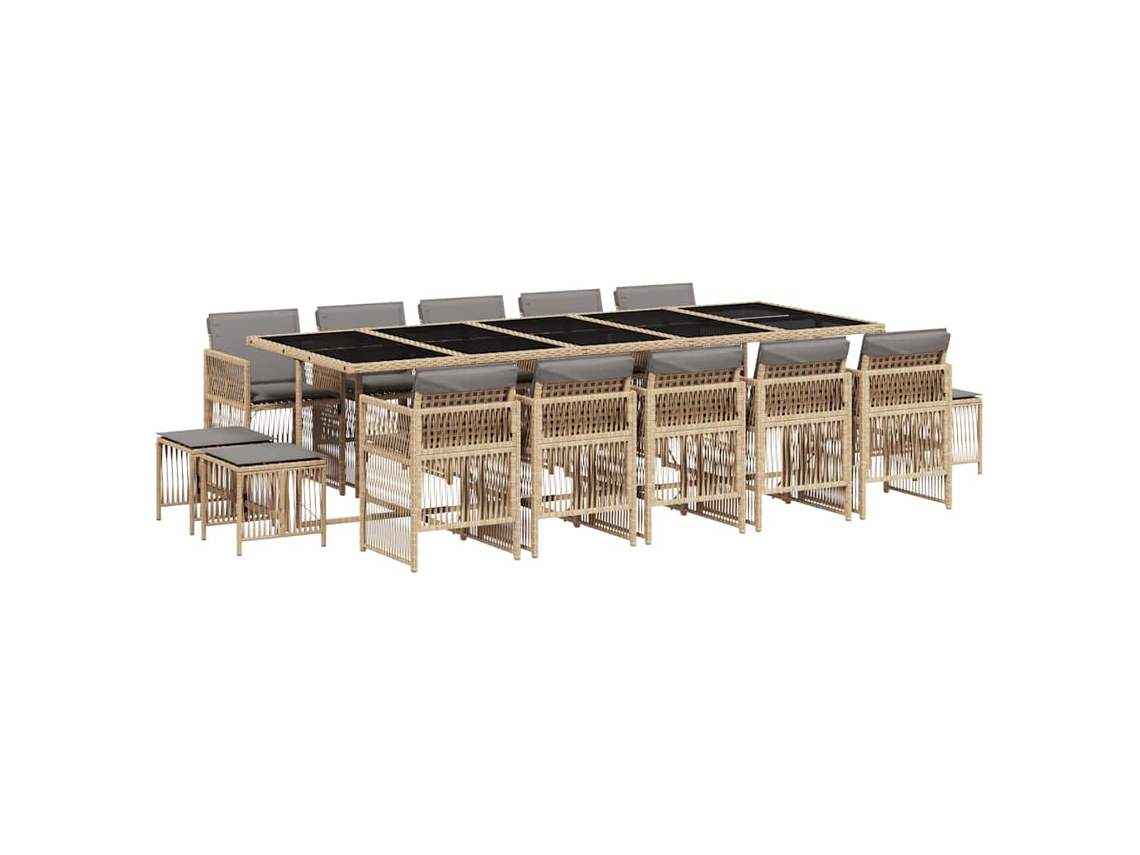 Juego de comedor de jardín de 15 piezas con cojines de mimbre, beige mixto, EXCLUSIVO DE LA CASA (15 piezas)
