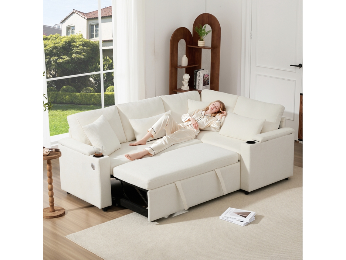 Sofá Esquinero Extensible De 4 Plazas - Convertible Con Almacenamiento, Portavasos, Usb, Reposabrazos Y 4 Cojines - Beige