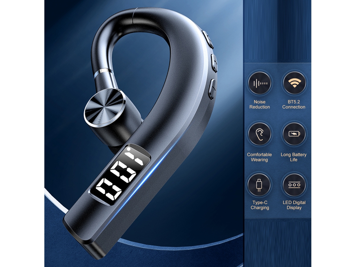 Fone De Ouvido Bluetooth 5.2 Business Headphones Com Microfone Ear-hook In-ear Para Trabalho Dirigir Correr Bateria Display Digital