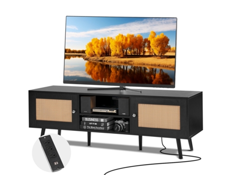 Soporte de TV VEVOR Rattan para TV Boho de 65 Pulgadas con Enchufe Integrado Negro