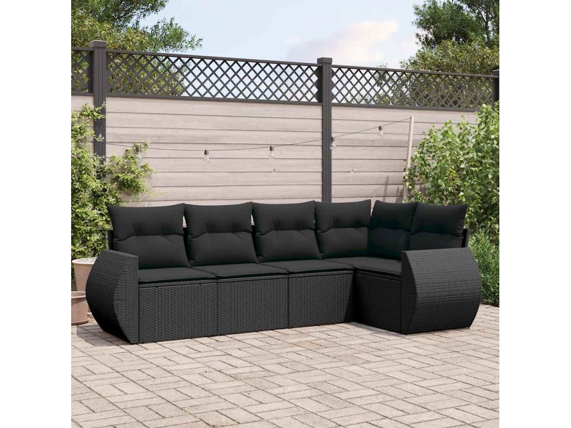 Conjunto de sofá de jardín de 5 piezas con cojines de mimbre sintético negro, Dkd Home Decor