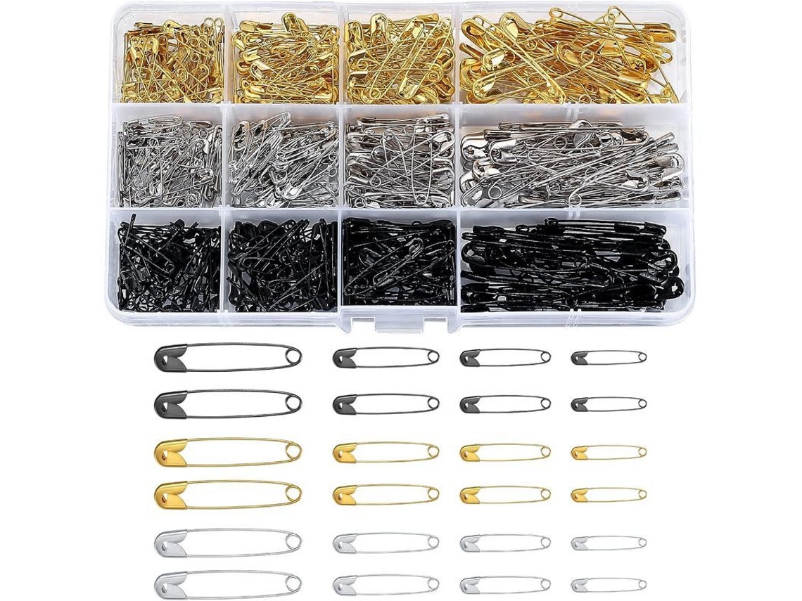 2026-linjou 540 Broches de seguridad de aluminio para manualidades y costura, 4 tamaños, 3 colores: dorado, plateado, negro.
