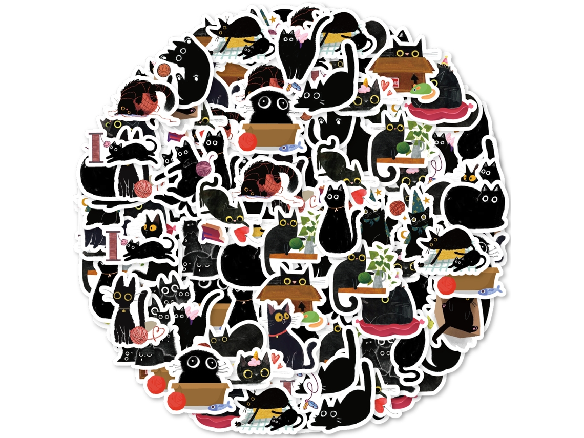 46 Lindas Pegatinas De Estilo Doodle De Dibujos Animados De Gatos Negros, Hechas De Pvc.
