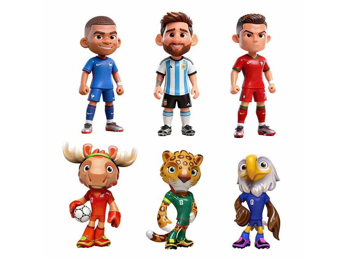 (6 modelos por paquete) Miniaturas de las mascotas de la Copa del Mundo 2026, con las estrellas Messi y Mbappé.
