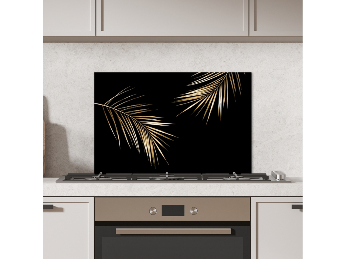 Panel Antisalpicaduras Cocina Hojas - Plantas - Oro - Negro - Lujo 60x40 Cm