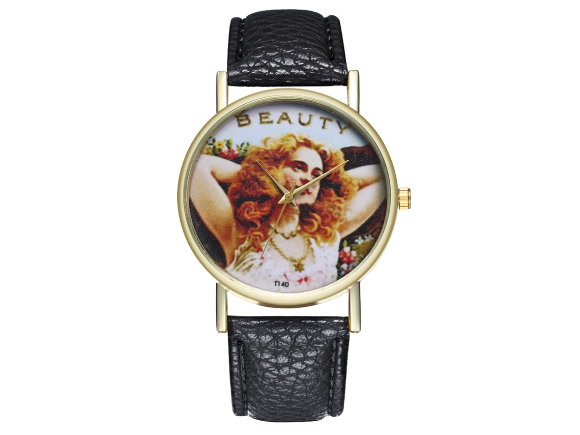 Reloj De Pulsera Unisex Con Correa De Piel Sintética E Ilustración Decorativa - Negro