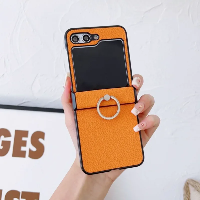 (naranja, Galaxy Z Flip3 5g) Funda Plegable De Cuero Con Textura De Lichi, Resistente A Caídas, Con Soporte De Anillo De 360°.