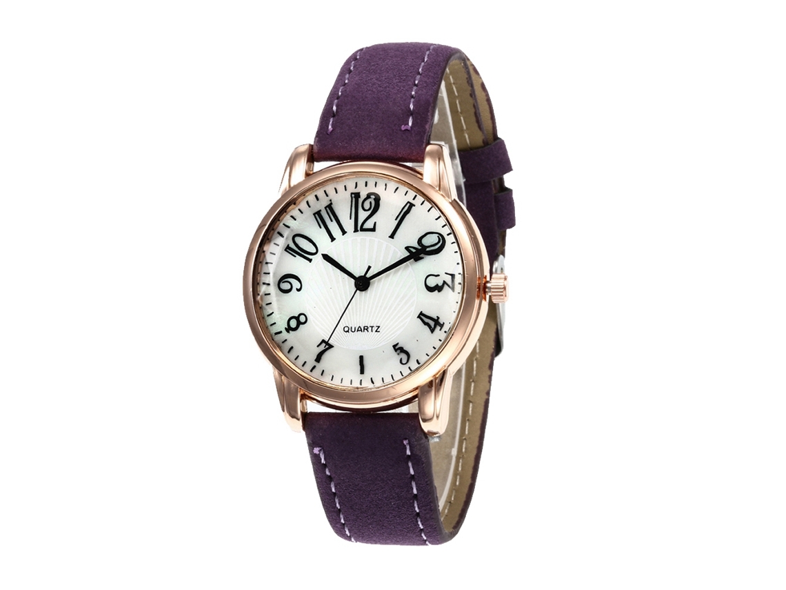 Reloj De Pulsera De Moda Para Mujer Con Correa De Cuero Y Esfera Redonda Morada.