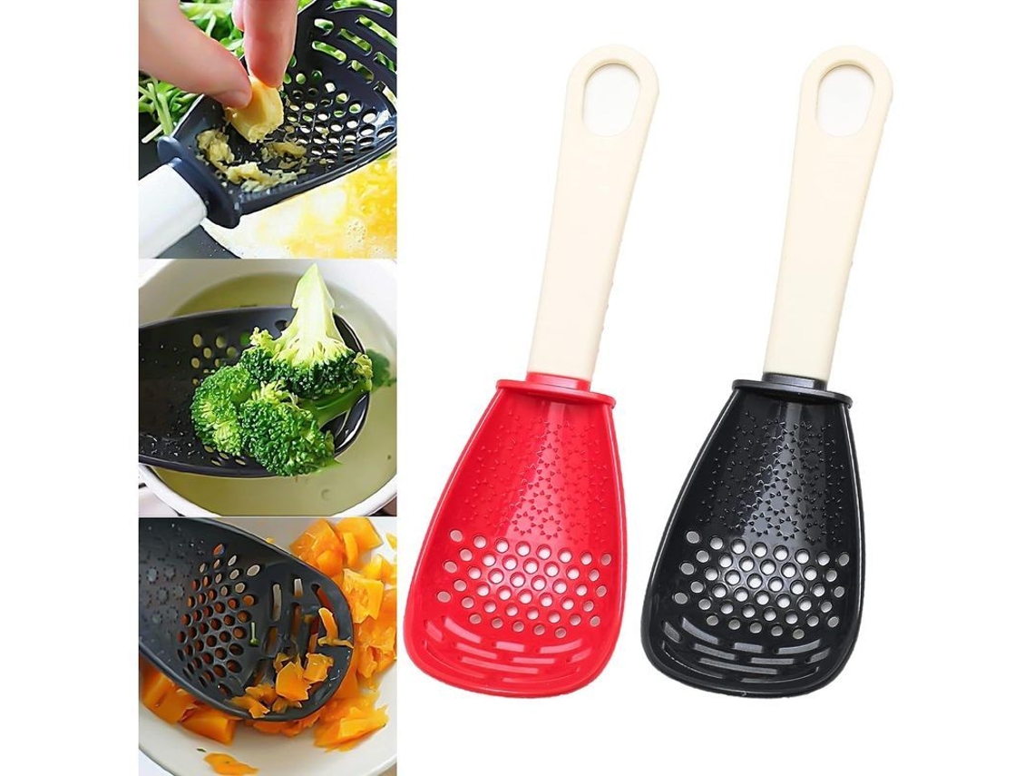 2026da-cuchara Multifuncional De Cocina, Herramienta Plástica, Colador, Triturar Ajo, Puré De Papa, Resistente Al Calor, Rojo Y Negro