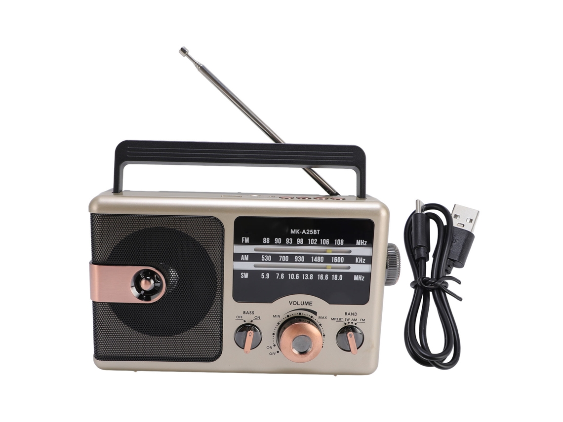 Radio Portátil De Banda Completa Am/fm/sw Con Altavoz, Bluetooth, Ranura Para Tarjeta De Memoria, Reproductor De Música Y Acabado Chapado En Oro.
