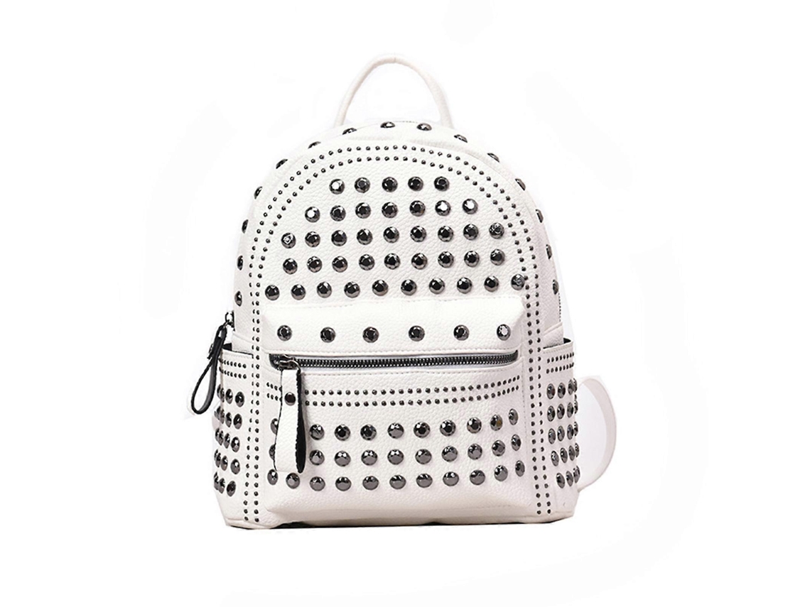 Mochila vintage de color liso, impermeable, de piel sintética, con remaches, ideal para la escuela, actividades al aire libre y vacaciones. Blanca, grande.