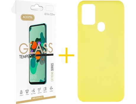 Funda y Protector de Vidrio Samsung Galaxy A21s ACCETEL Silicona Líquida Amarillo