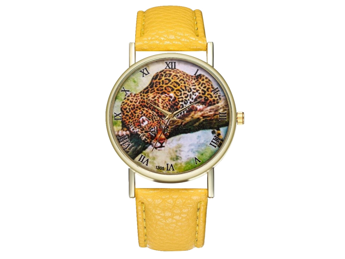 Reloj De Cuarzo Unisex Con Correa De Cuero Pu, Dial Leopardo, Amarillo, Moda