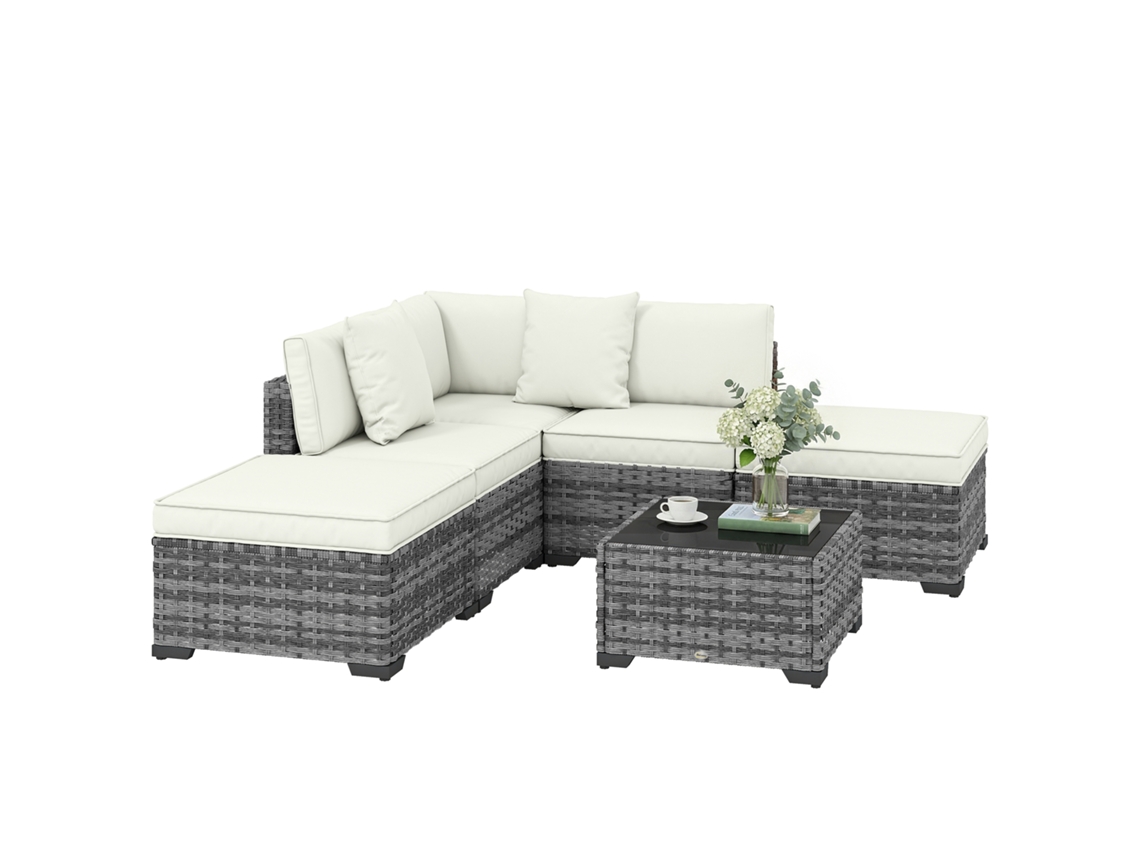 Conjunto De Muebles De Jardín De Ratán Y Acero De 6 Piezas Con Sofá, Mesa De Centro Y Cojines En Color Gris.