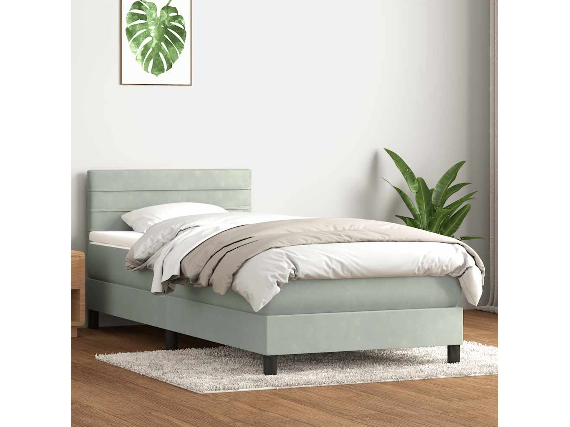 Cama Individual | Cama Box Spring Con Colchón Terciopelo Gris Claro 80x210 Cm