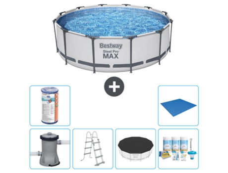 Piscina BESTWAY Round Steel Pro MAX - 366 x 100 cm - Gris - Incluida bomba - Escalera Cubrir - Paquete de mantenimiento - Filtrar - Suelo