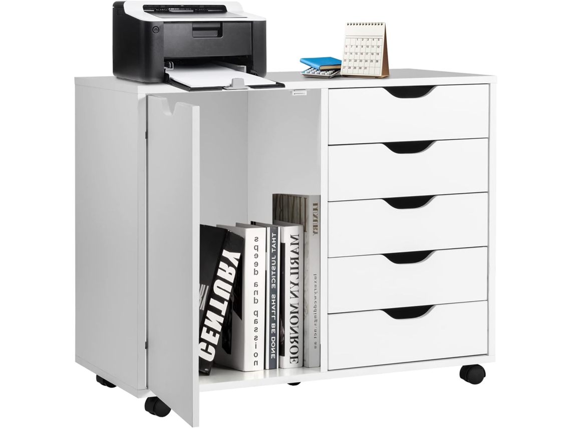 Archivadores Móviles con 4 Ruedas, Cajonera con 5 Cajones y 1 Puerta, Mueble Auxiliar de Oficina, Soporte para Impresora, Aparador para Salon COSTWAY