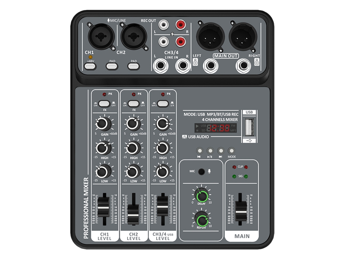 Mezclador de cuatro canales con alimentación fantasma de 48 V, interfaz USB y Bluetooth. Mdug